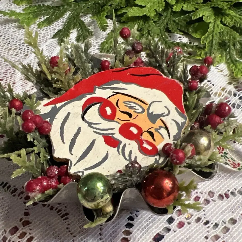 Vintage Round Tart Tin Santa Claus Mercury Glass Diorama Mid Century Ornament